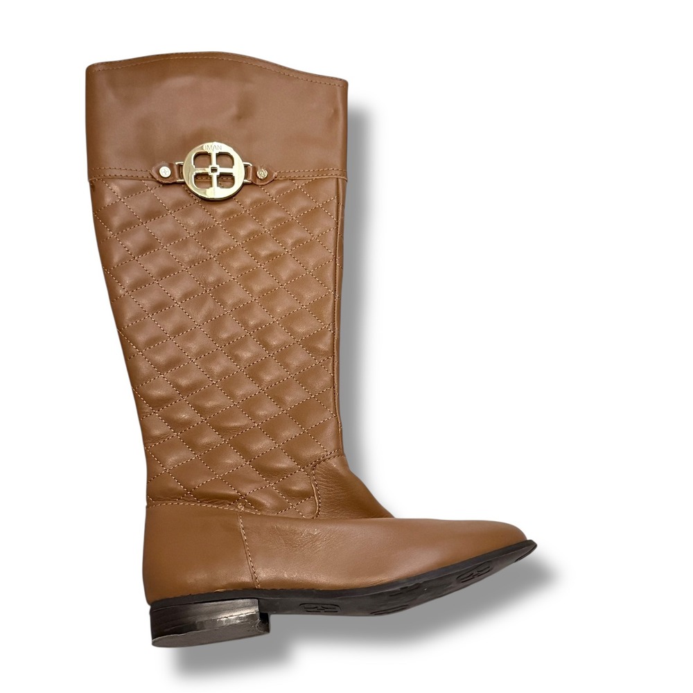 IMAN Women's quilted tan brown Leather Upper Riding Boots Size 7.5 - Picture 5 of 12